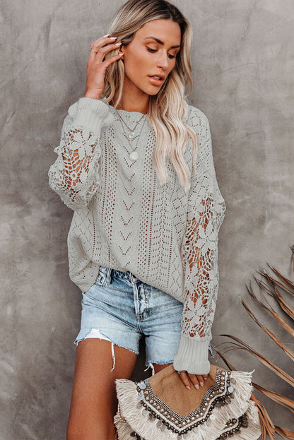 Boho Chic Crochet Knit Sweater - Breezy White Pointelle Pullover