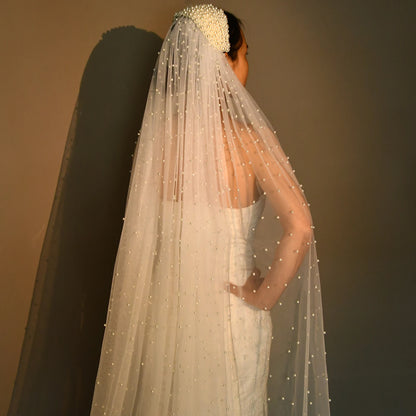 Royal Cathedral Length Wedding Veil with Pearl Beaded Headband / Extra Long Bridal Veil with Comb Hair Accessories
