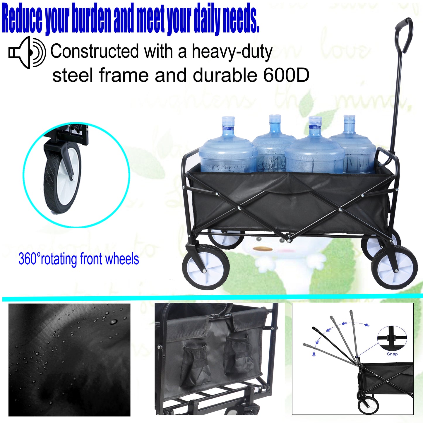 Folding Wagon Garden Shopping Beach Cart – Heavy Duty Black Utility Cart