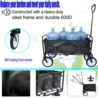 Folding Wagon Garden Shopping Beach Cart – Heavy Duty Black Utility Cart