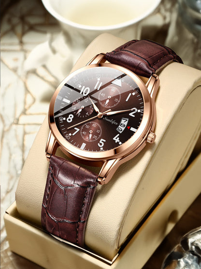 Waterproof Analog Men's Watch (Student/Casual) with Black Dial and Leather Band.