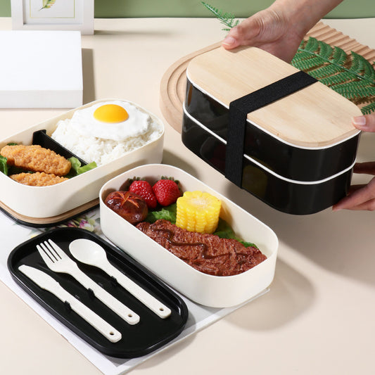 Japanese Style Double-Layer Bento Lunch Box with Natural Bamboo Lid & Portable Cutlery Set (Leak-Proof & Eco-Friendly)