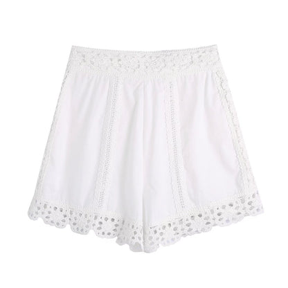 Fresh White Crochet Lace Summer Shorts – Breathable High-Waist Boho Beach Bottoms for Women