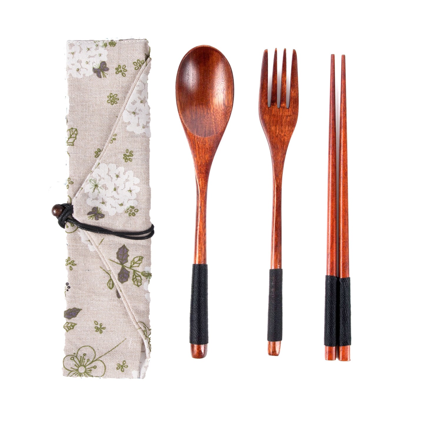 Japanese Style 3-Piece Portable Wooden Cutlery Set with Pouch
