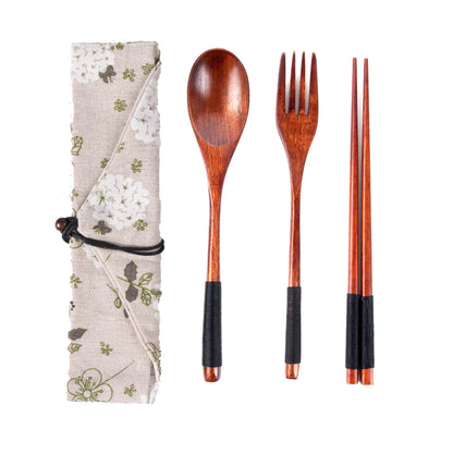 Japanese Style 3-Piece Portable Wooden Cutlery Set with Pouch
