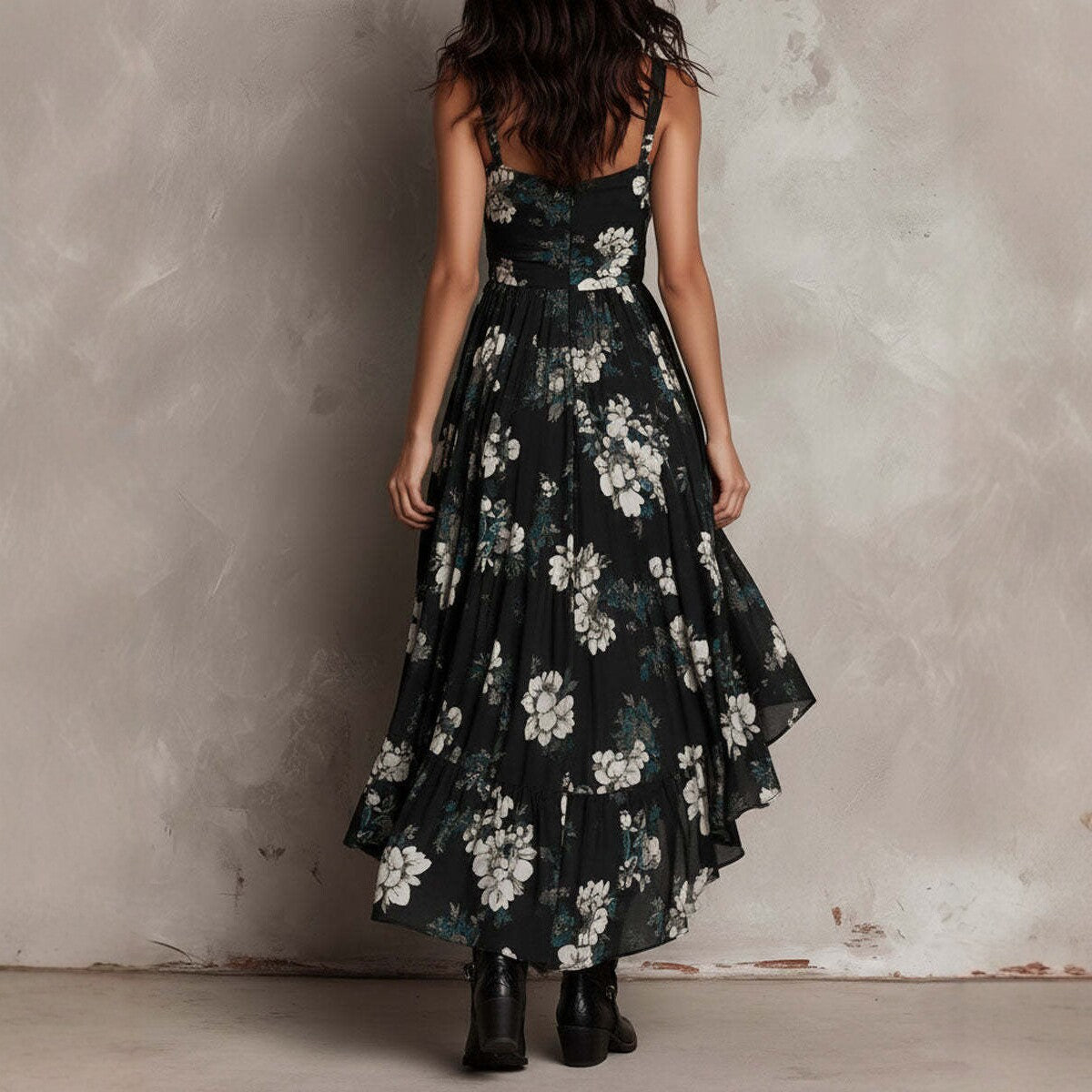 Women's Floral Print Camisole Maxi Dress - V-Neck High-Low Vacation Gown