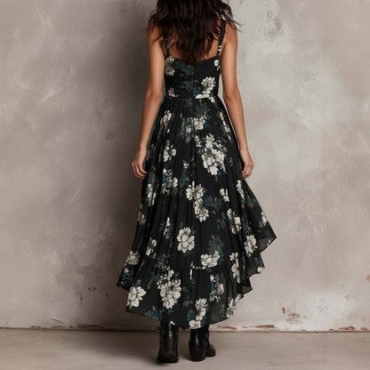 Women's Floral Print Camisole Maxi Dress - V-Neck High-Low Vacation Gown