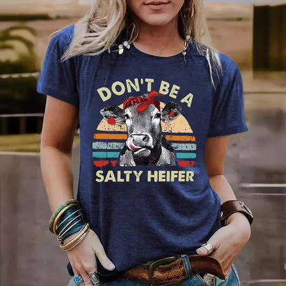 Funny Cow Pattern Printed Round Neck Short Sleeved Shirt | 'Don't Be A Salty Heifer' Graphic Tee