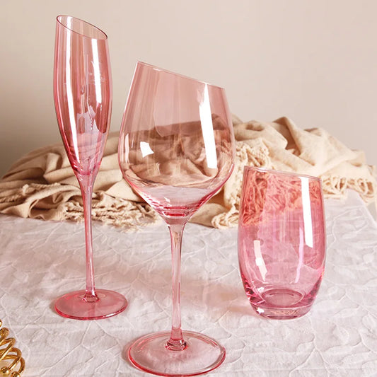 Pink Crystal Bordeaux Wine Glasses | Slanted Rim High-Value Water Cup Set | Aesthetic Home Decor