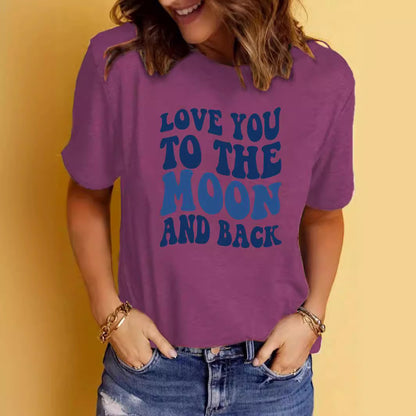 Love You to the Moon and Back' Slogan Printed Round Neck Short Sleeved Shirt
