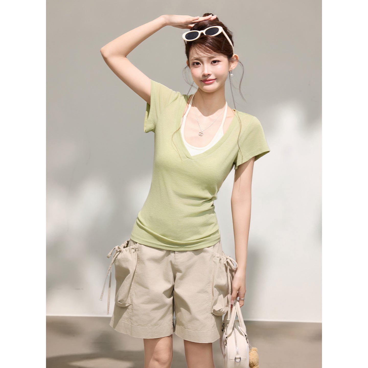 Women's Green V-Neck T-Shirt with U-Neck Halter Bralette Tank Top Set