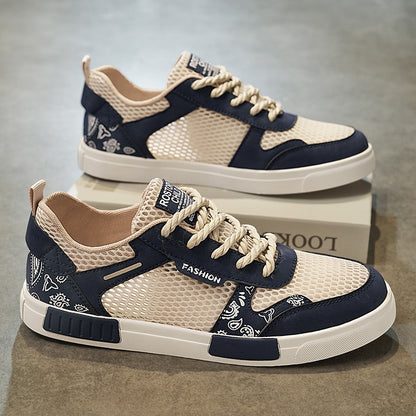 Trendy Navy & Beige Mesh Board Shoes - Versatile Casual Sneakers for Men