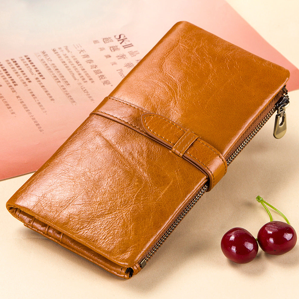 New Fashionable Ladies Real Leather Two-Fold Clutch Long Wallet - Brown