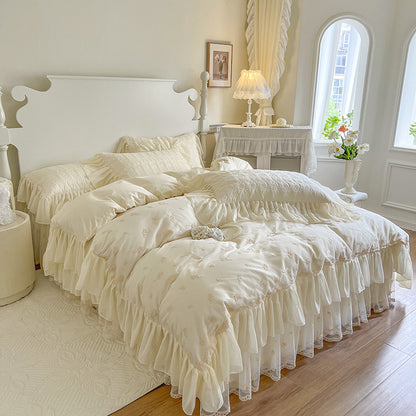 Luxury Lace Rose Embroidery Cotton Bedding Set – Romantic 4-Piece Duvet Cover with Ruffled Bed Skirt