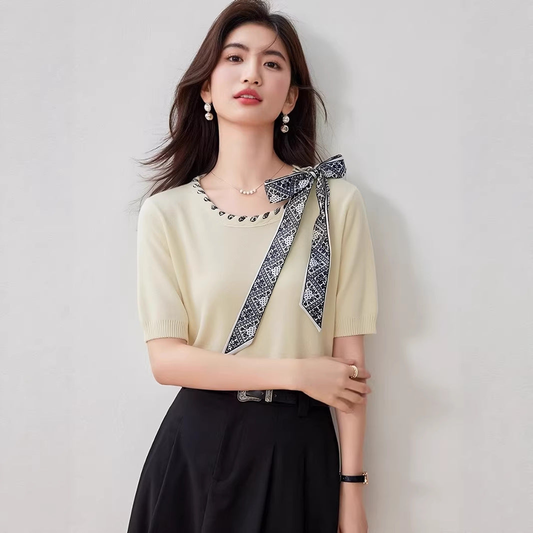 Elegant Bow Knotted Short Sleeve Knit Top - Summer Chic High-End Fashion