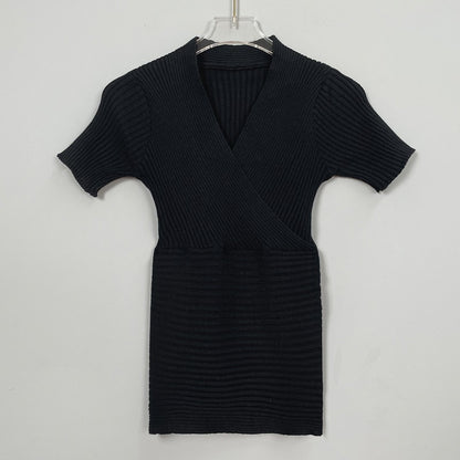 Chic V-Neck Ribbed Knit Short Sleeve Wrap Top