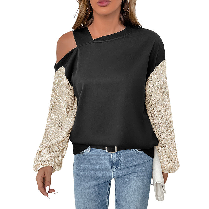 Off Shoulder Sequin Color Block Top | Black & Gold Long Sleeve Pullover for Women
