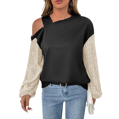 Off Shoulder Sequin Color Block Top | Black & Gold Long Sleeve Pullover for Women