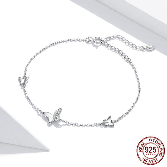 Delicate 925 Silver Link Bracelet with Paved & Solid Butterflies