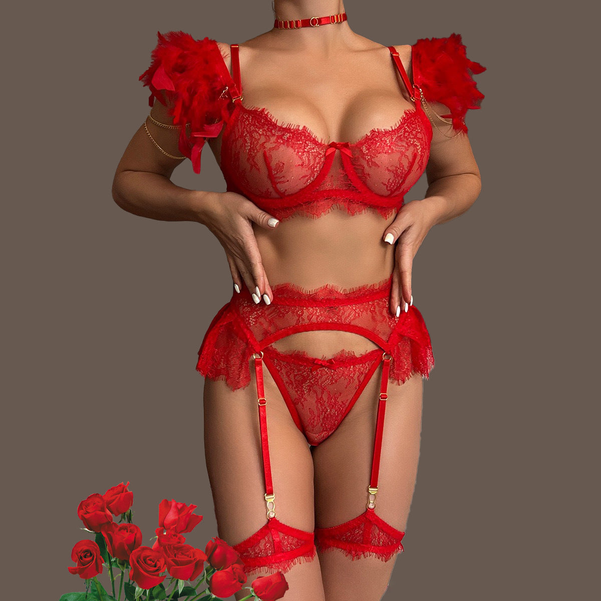 Fashionable Sexy White/Pink Lingerie Set with Removable Chain and