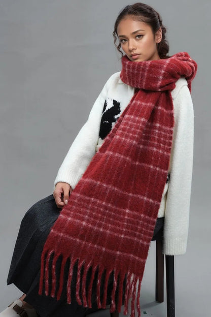 Women's Oversized Red Plaid Scarf | Soft Thermal Fringe Winter Shawl & Blanket Wrap