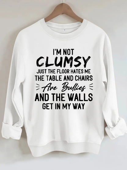 unny "I'm Not Clumsy" Letter Print Sweatshirt | Loose Fit Grey Crewneck Pullover