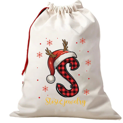 Personalized Christmas Alphabet Cotton Drawstring Bag - Plaid Santa Hat Gift Sack