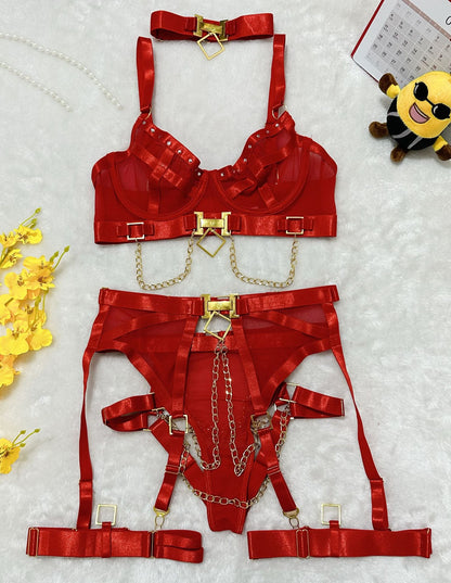 Red Strappy Sheer Mesh Lingerie Set with Body Chains