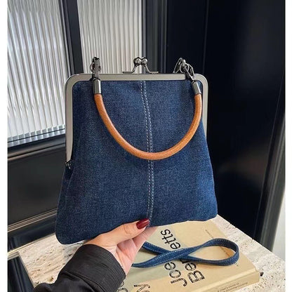 Handmade Denim Splicing Handbag with Wooden Handle (Small Crossbody)