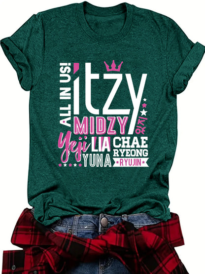 ITZY Slogan Letter Round Neck Short Sleeved Shirt | K-Pop Inspired Graphic T-Shirt