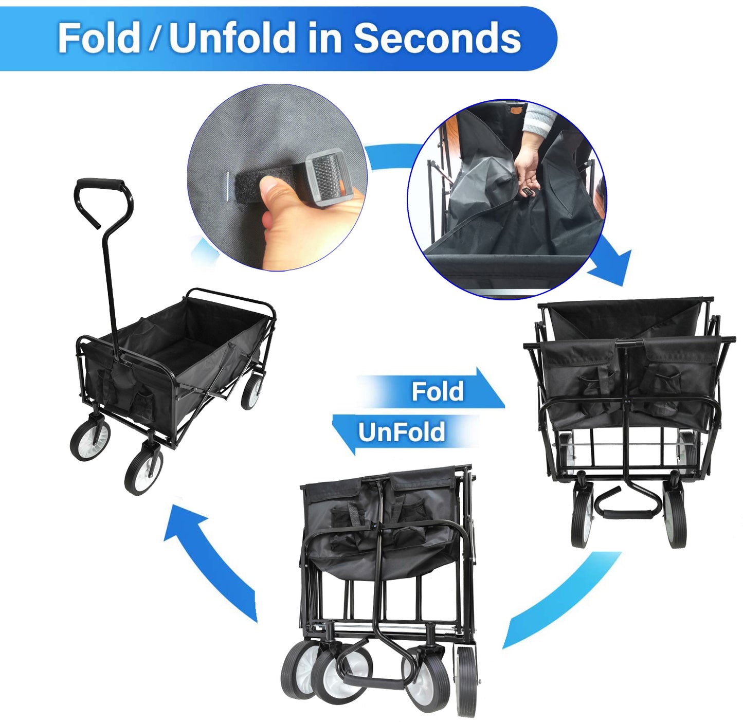 Folding Wagon Garden Shopping Beach Cart – Heavy Duty Black Utility Cart