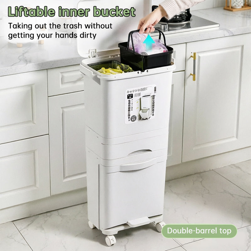 42L Kitchen Trash Can 3 Compartments with Pedal & Wheels