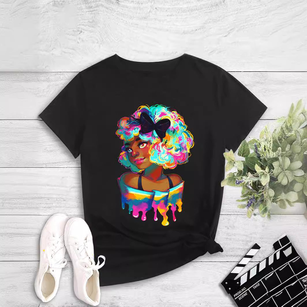 Melanin Pop Art Print Tee - Casual Short Sleeve Black T-Shirt