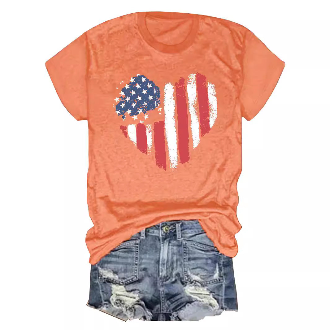 American Flag Heart Graphic T-Shirt | Patriotic Round Neck Short Sleeve Top