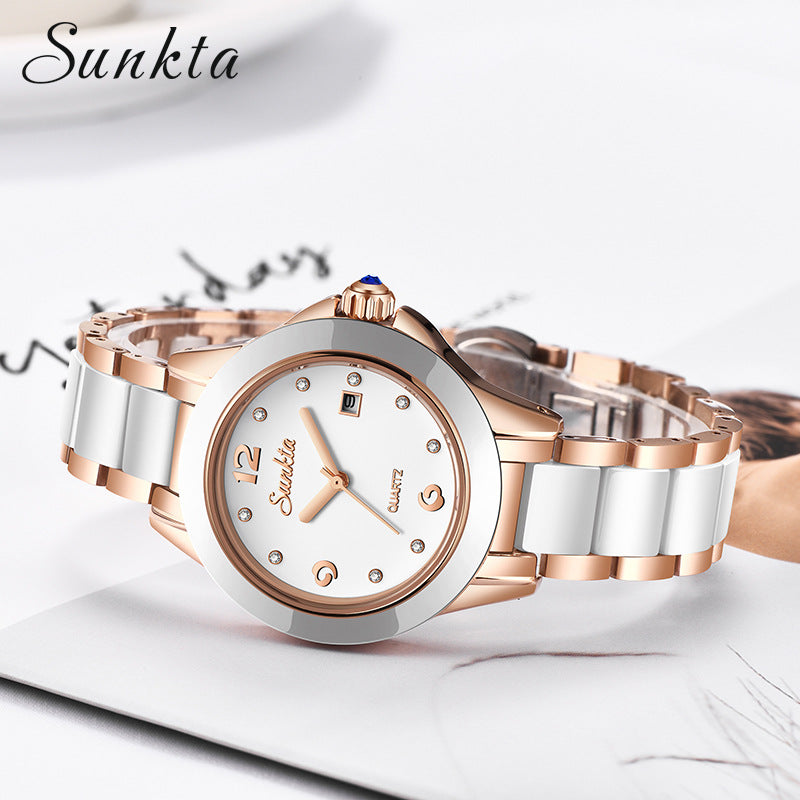 Sunkta Elegant Ladies Fashion Wristwatch with Ceramic Stainless Steel Band