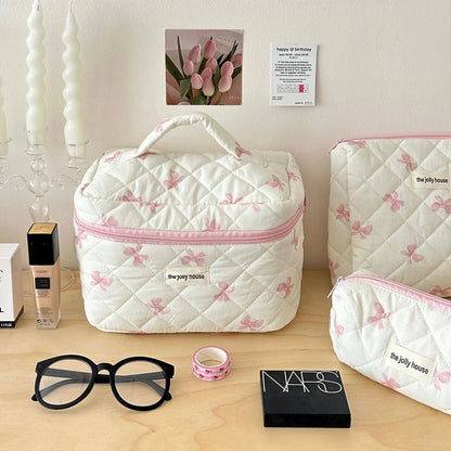 Cute Bow Flower Quilted Cotton Makeup Bag & Toiletry Case Set