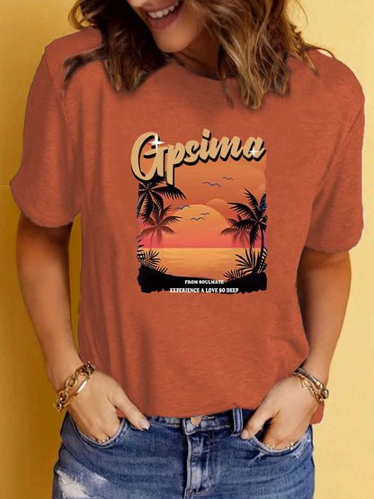 GPSIMA Sunset Beach Printed Round Neck Short Sleeve T-Shirt | Graphic Vacation Tee