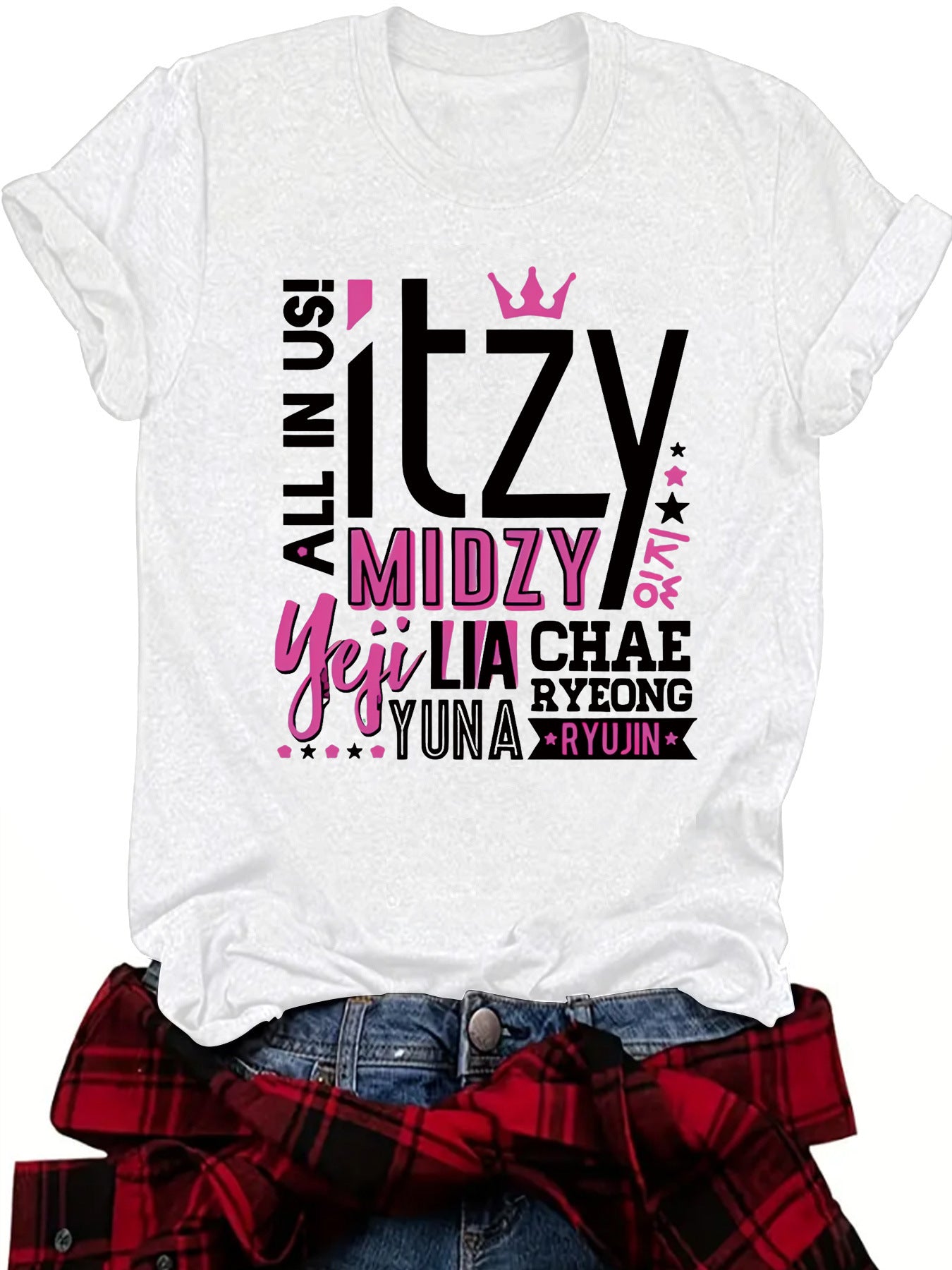 ITZY Slogan Letter Round Neck Short Sleeved Shirt | K-Pop Inspired Graphic T-Shirt