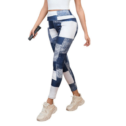 Denim-Like Plaid Patchwork Fitness Pants - High-Waisted Tummy Control Yoga Leggings