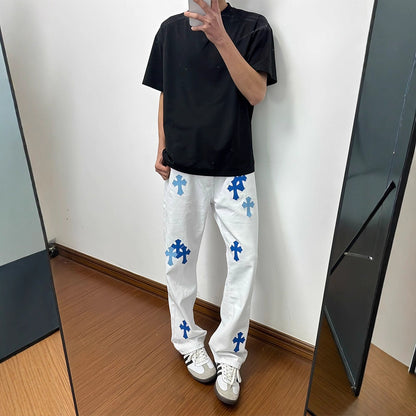 Men's Urban Street-Style White Flared Jeans | Graphic Print Slim Fit Denim