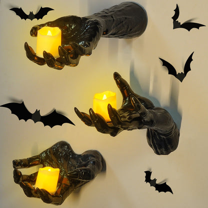 Gothic Spooky Hands Wall Decor – Halloween Candle Holder & Bat Wall Stickers Set