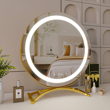 Round Desktop Makeup Mirror with LED Light / Gold Stand Black Dressing Table Mirror Home Decor
