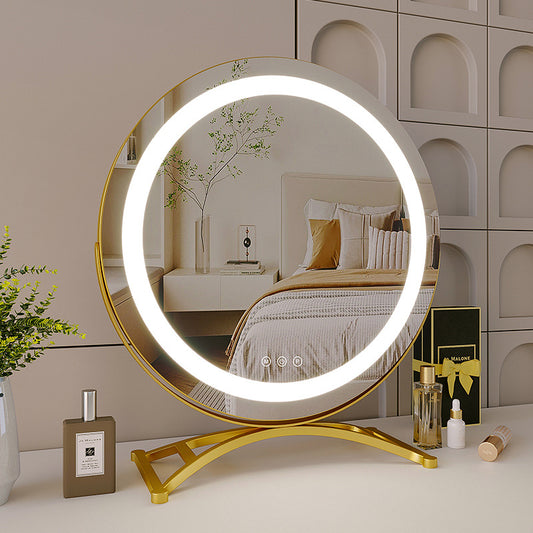 Round Desktop Makeup Mirror with LED Light / Gold Stand Black Dressing Table Mirror Home Decor