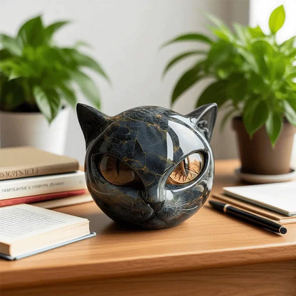 Mystic Black Cat Resin Statue – Artistic Marble Texture Head for Modern Home Decor