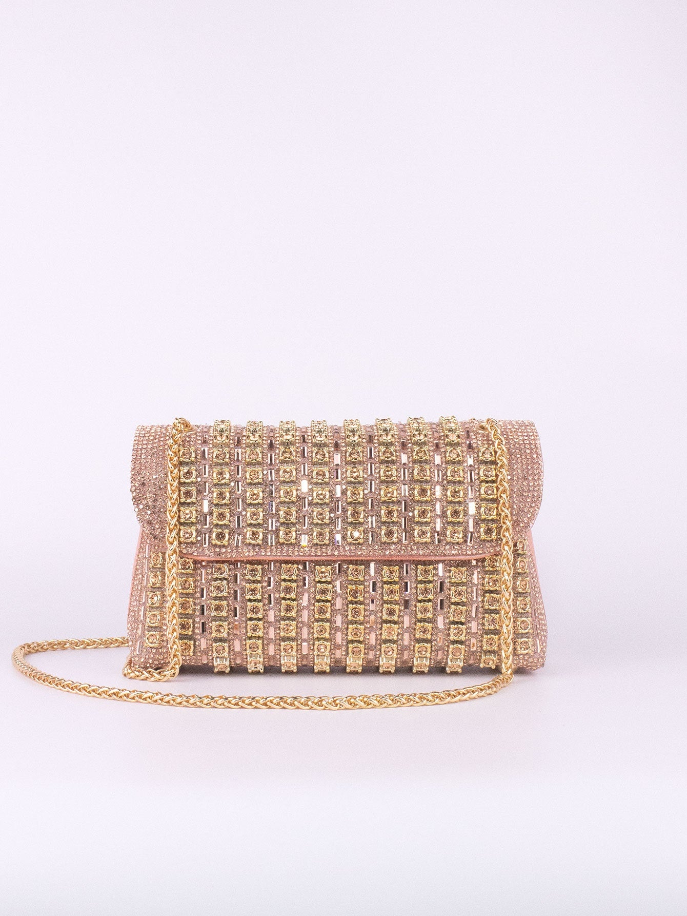 Elegant Black and Gold Chain-Adorned Evening Clutch Bag with Long Strap