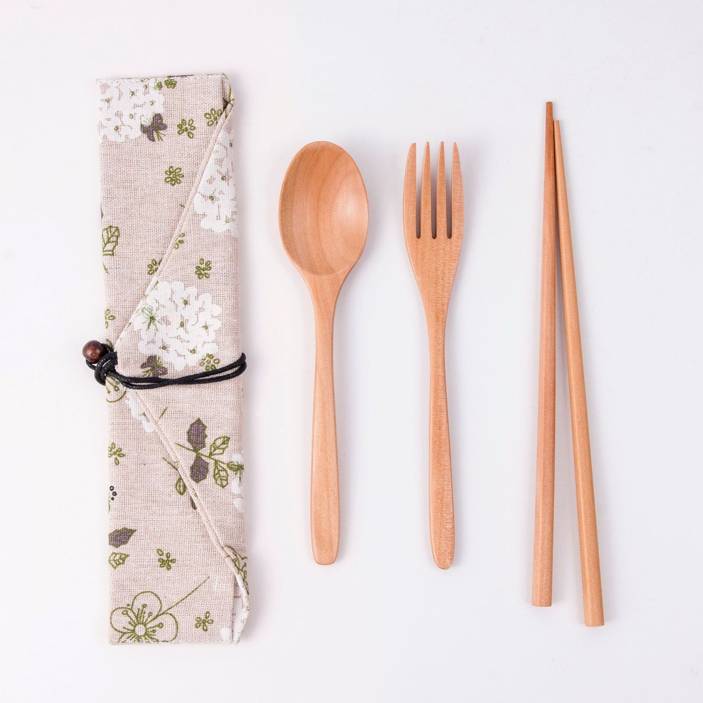 Japanese Style 3-Piece Portable Wooden Cutlery Set with Pouch
