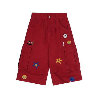 White Patchwork Cargo Denim Shorts - Trendy Multi-Pocket Wide Leg Streetwear Pants