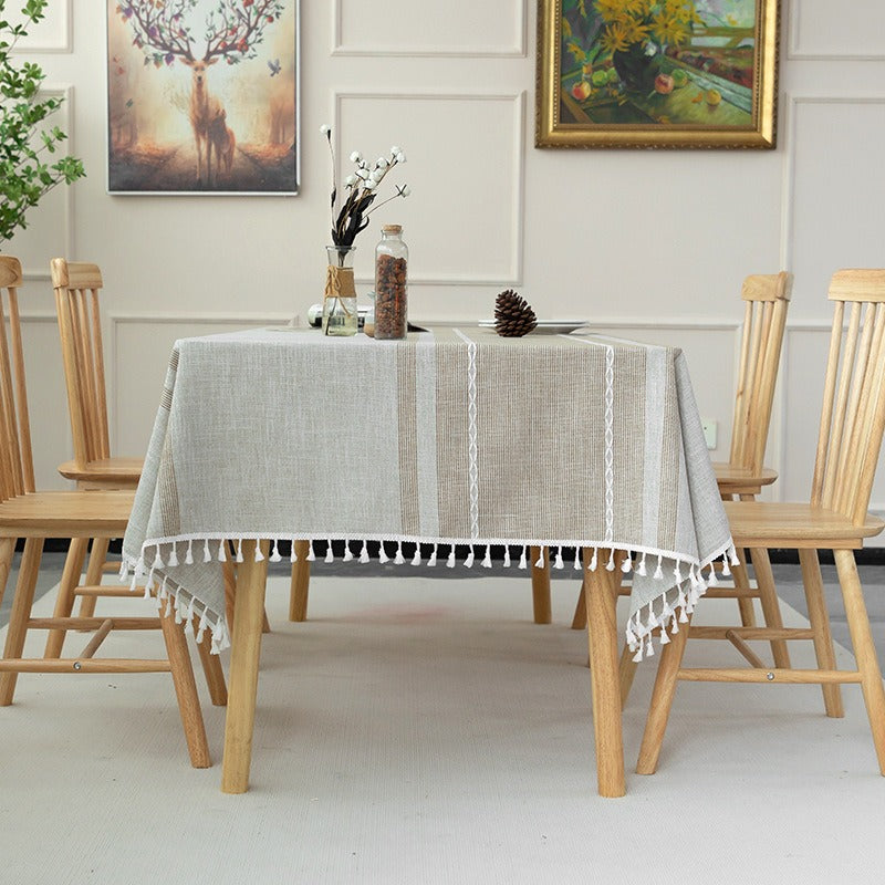 Nordic Jacquard Cotton Linen Tablecloth – Elegant Pink Long Stripe Table Cover with Decorative Tassels