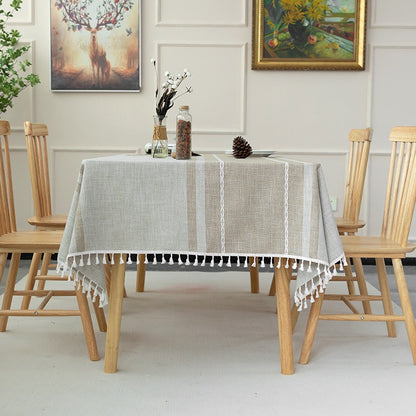 Nordic Jacquard Cotton Linen Tablecloth – Elegant Pink Long Stripe Table Cover with Decorative Tassels