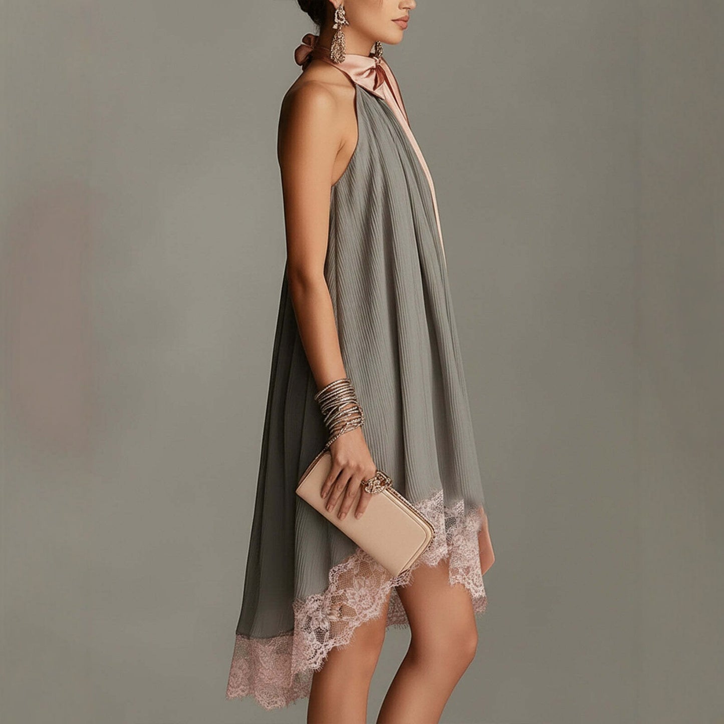 Fashionable Loose Satin Ribbon Strapless Summer Vacation Dress with Lace Hem
